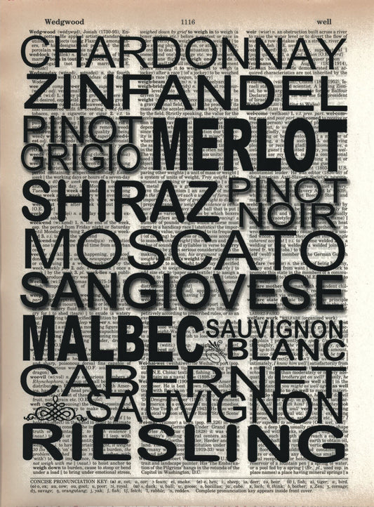 Vintage Dictionary Print - Wines Varieties (framed)