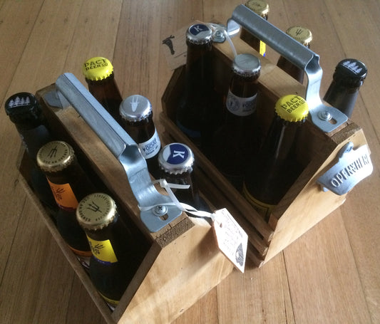 Wooden Bottle Caddy with beer