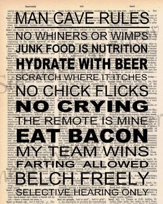 Vintage Dictionary Print - Man Cave Rules (framed)