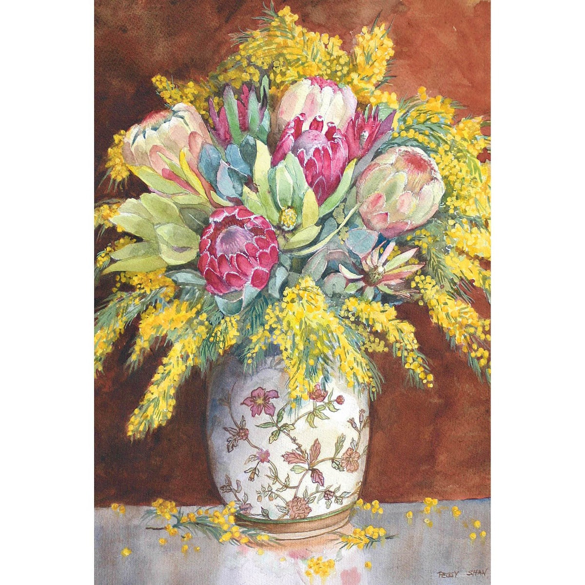 Greeting Card - Australian Golden Wattle, Proteas And Eucalyptus